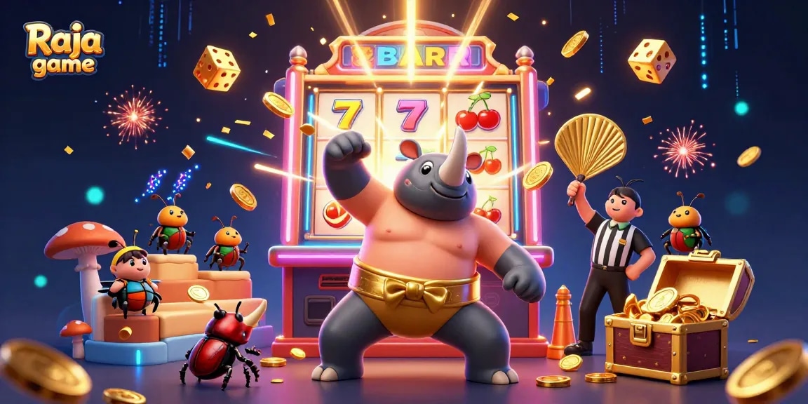 Experience the excitement of Raja game with a vibrant casino scene filled with golden coins and jackpot winnings.
