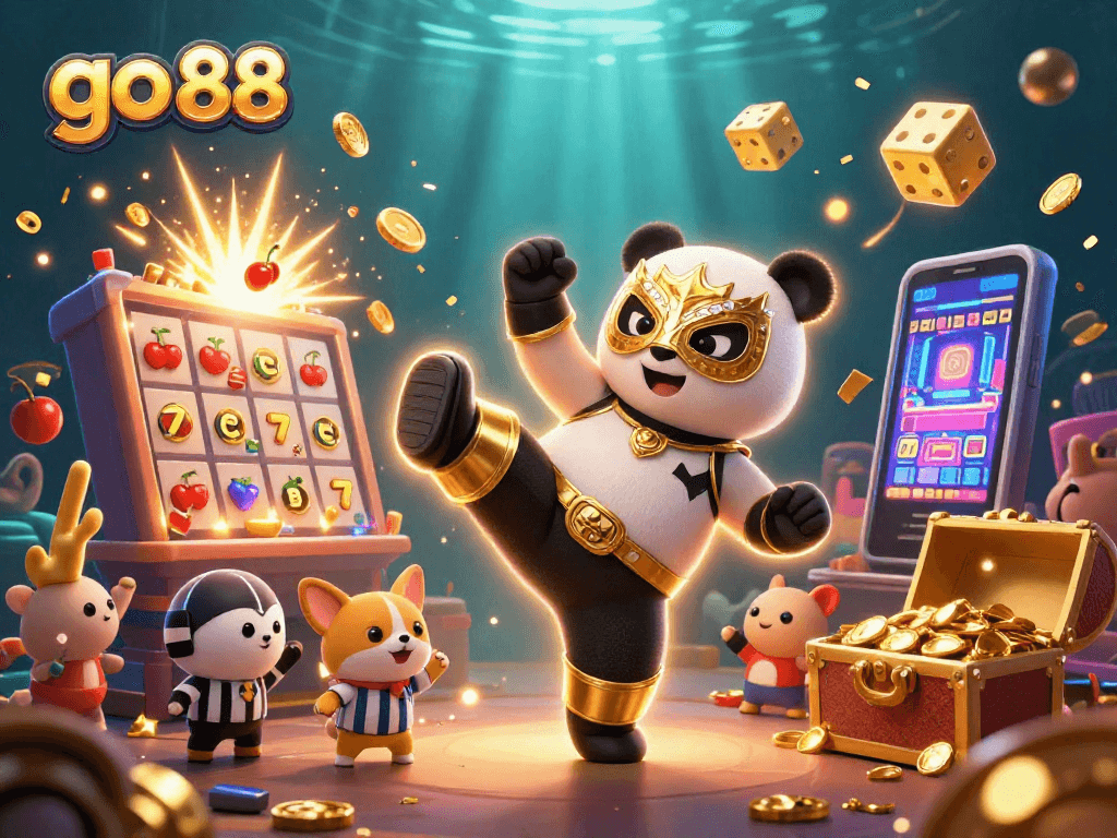 Engage with go 88 as the panda wrestler performs a flying kick amidst a vibrant casino scene.