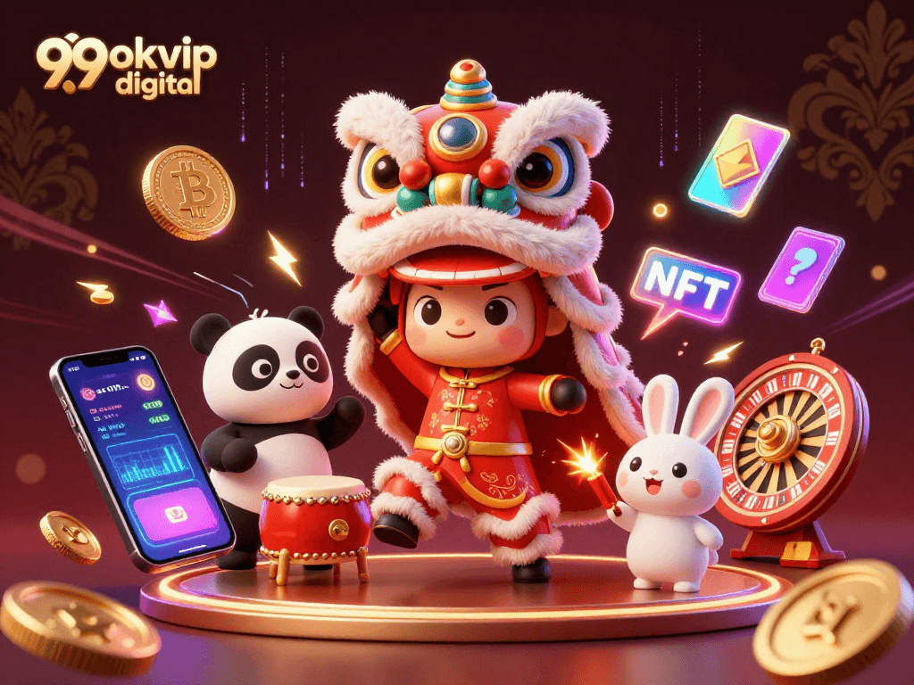 Engage in thrilling casino action with 99okvip digital's animated casino characters amidst dazzling crypto elements.