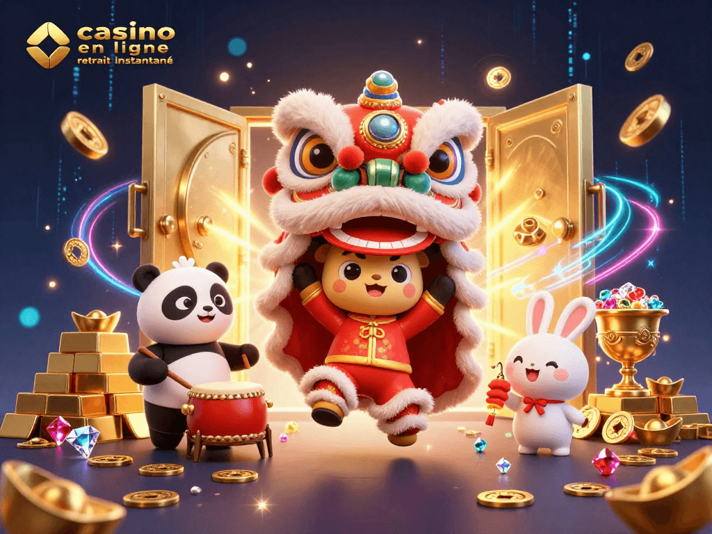 Profitez de l'excitation de casino en ligne retrait instantané illustrée avec des personnages et éléments de jeu.