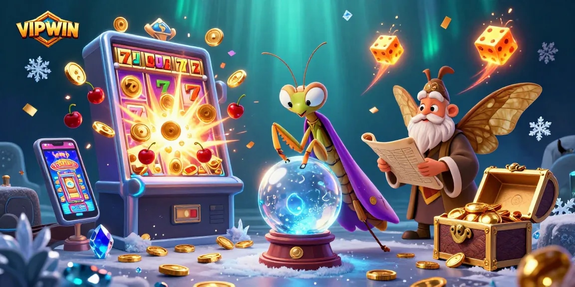 Experience the thrill of VIPWIN with a fortune teller and slot machine in a mystical casino scene.