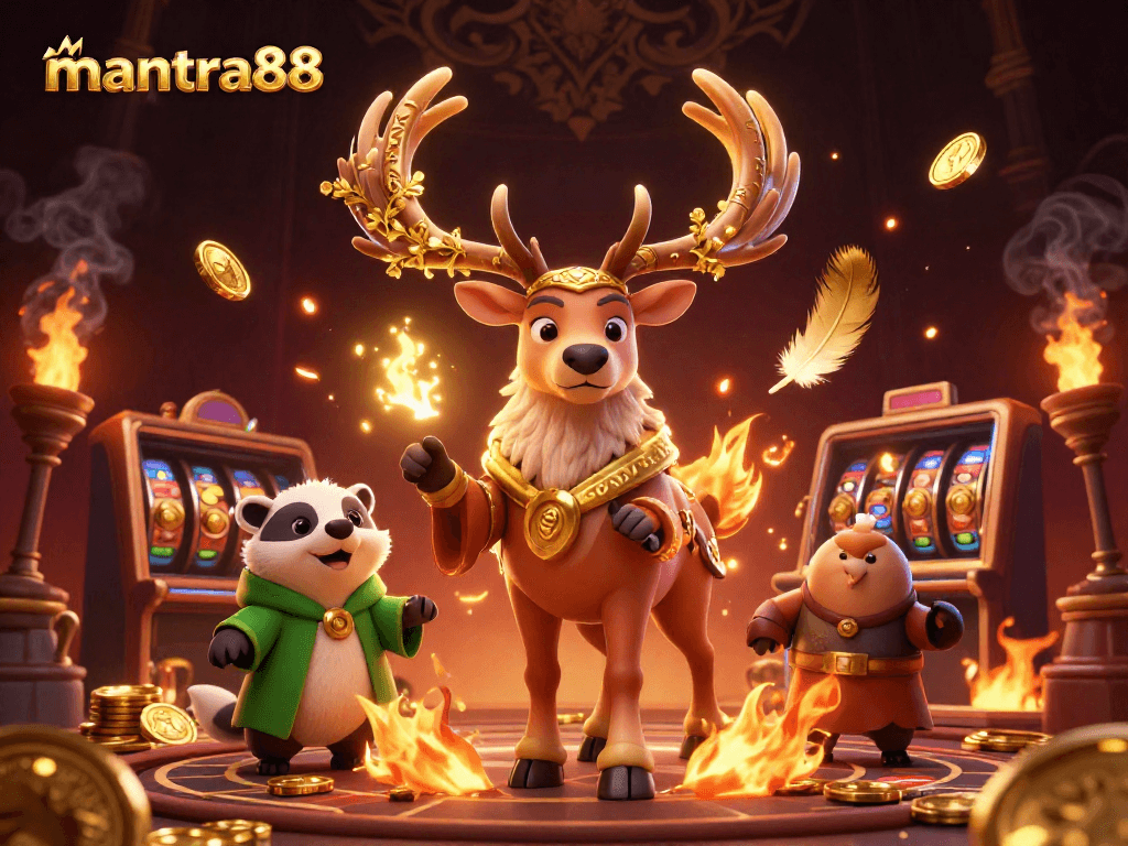 Engage with thrilling games at mantra88, featuring dynamic casino action with vibrant characters and slot elements.
