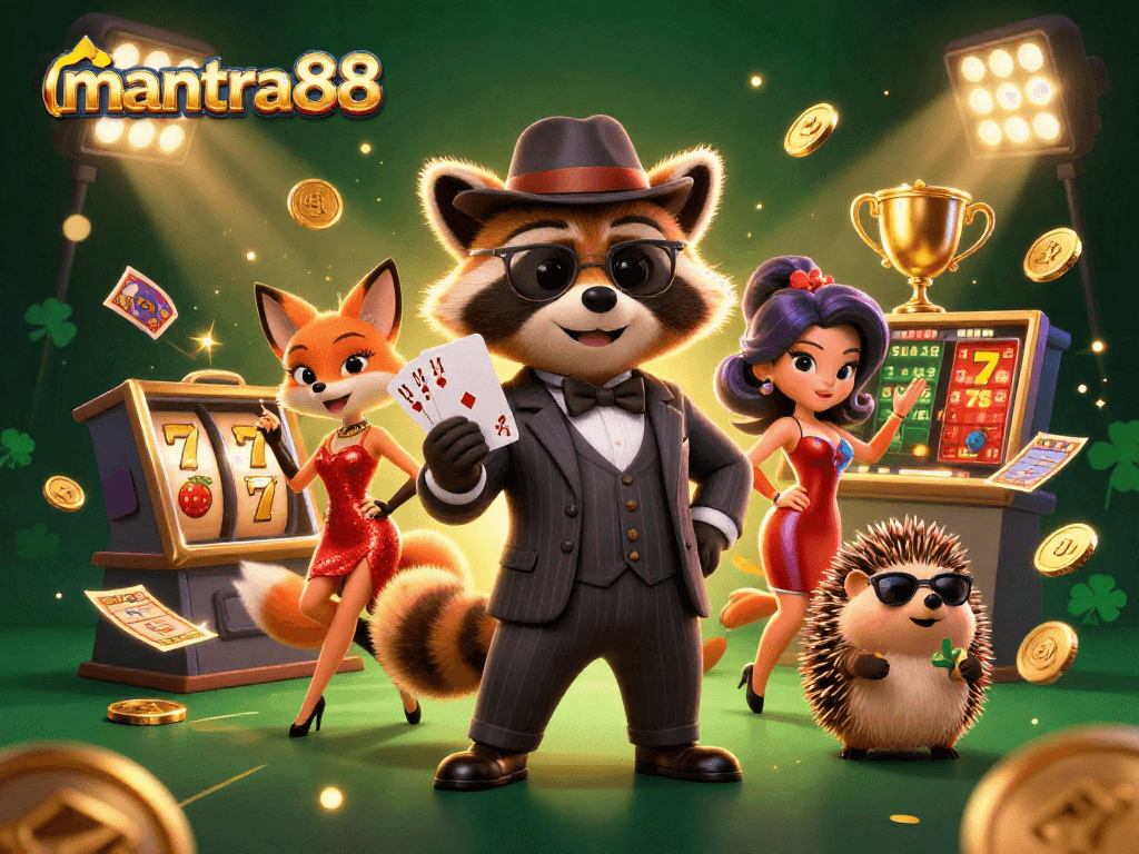 Experience thrilling gameplay at mantra88 with a cartoon suave raccoon and dynamic slot elements.