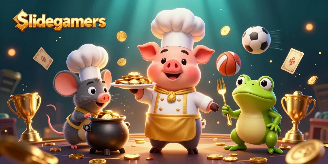 Engage in thrilling gameplay with slidegamers as a chef pig serves gold coins amidst dynamic casino action.