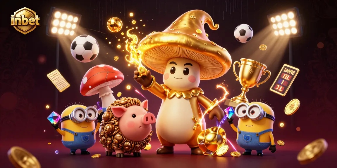Win big with inbet in this vibrant casino-themed illustration featuring sports balls and magical treasures.