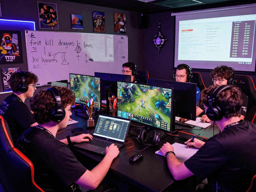 Rolltoto esports betting scene with players analyzing strategies and statistics.