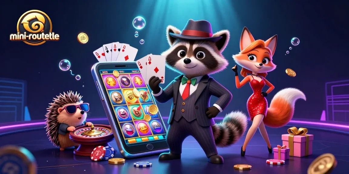 Experience thrilling mini-roulette action with characters celebrating a winning royal flush hand!