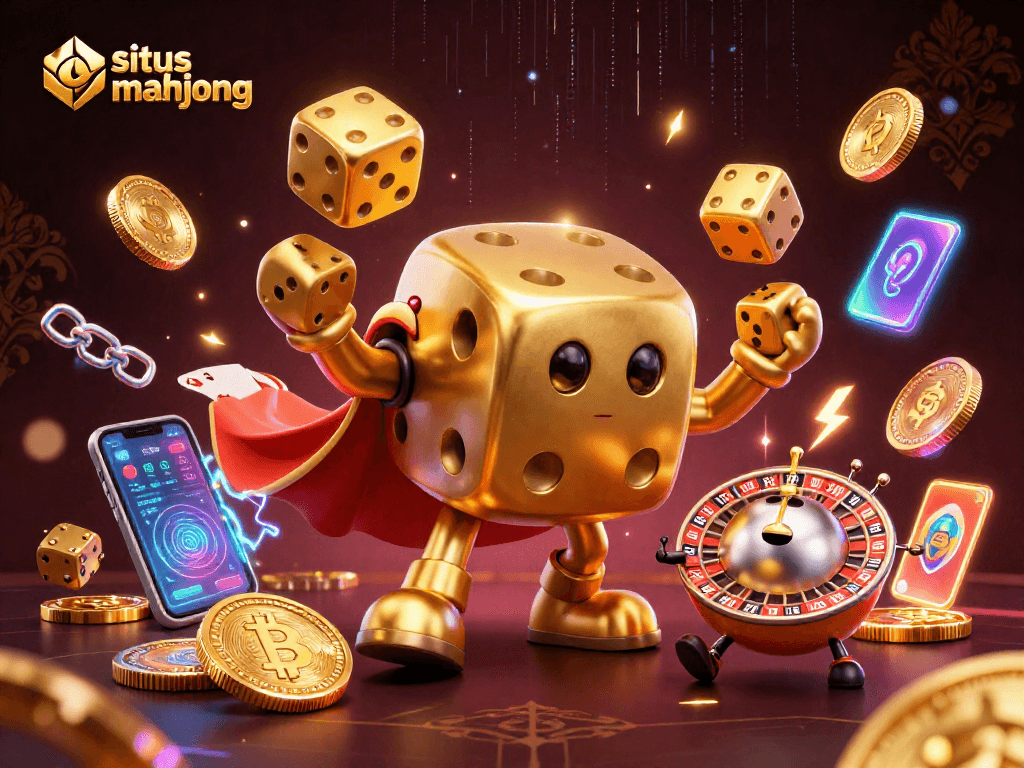 Experience situs mahjong magic with vibrant 3D illustration featuring golden dice and crypto elements.