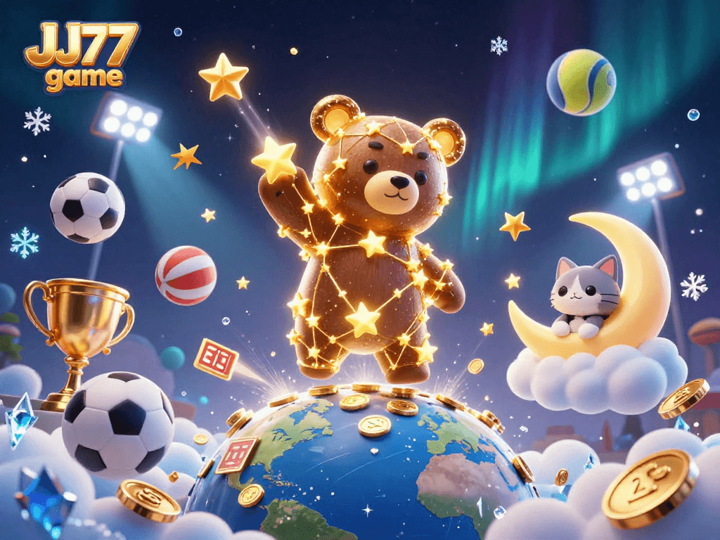 Engage with the JJ77 game through vibrant visuals of sports and casino elements in a captivating scene.