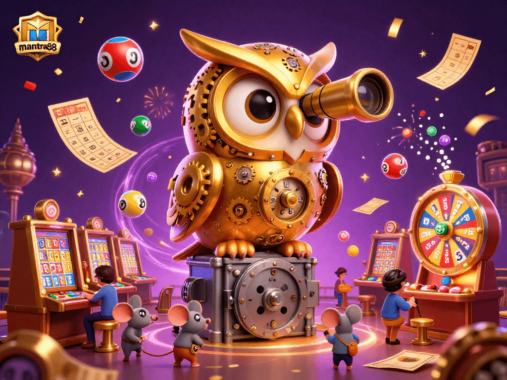 Engage with mantra88's exciting casino scene featuring a clockwork owl and dynamic game elements.