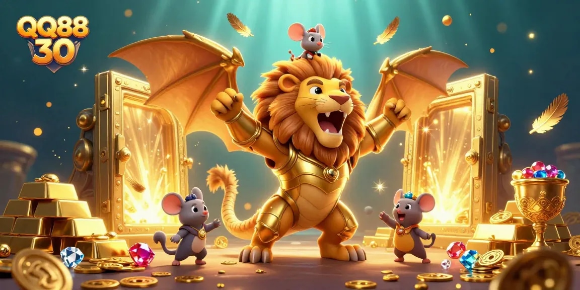 Experience QQ88 30 with a captivating chimera illustration surrounded by treasures and symbols of fortune.