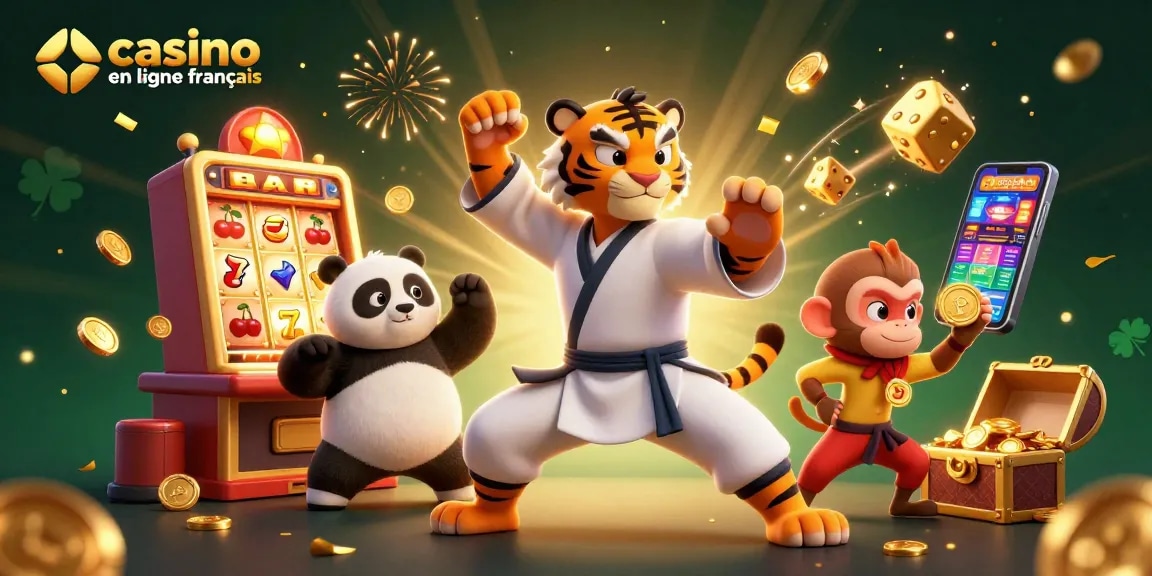 Découvrez un aperçu joyeux de l'univers des casinos en ligne français, avec une compétition ludique entre un tigre maître, un panda disciple et un singe farceur.