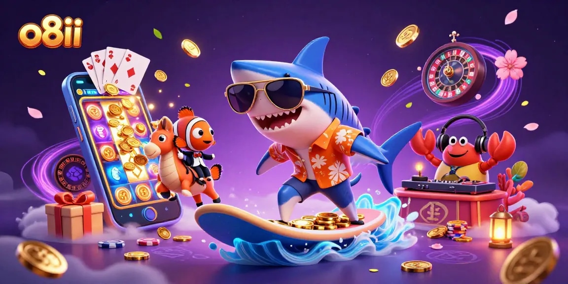 Experience thrilling action with o8ii as a shark surfs gold coins while casino elements surround