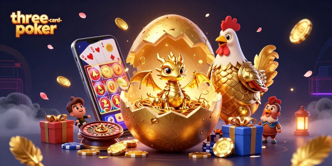 Experience three-card-poker with a golden dragon amidst poker chips, smartphones, and vibrant casino elements.