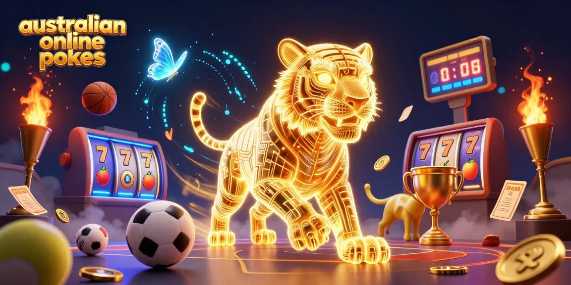 Engage with australian online pokies in a vibrant 3D casino scene bursting with action and energy.