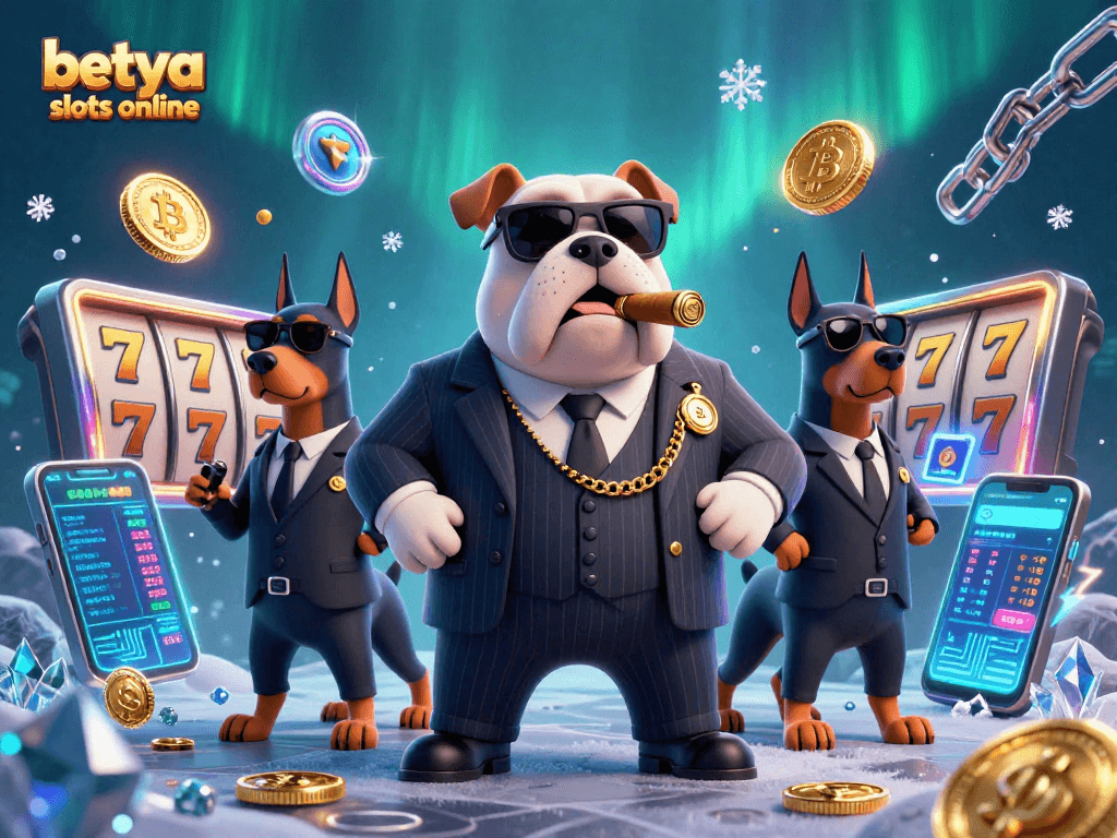 Spin to win with betya slots online featuring a mafia bulldog and Doberman bodyguards in a vibrant casino scene.
