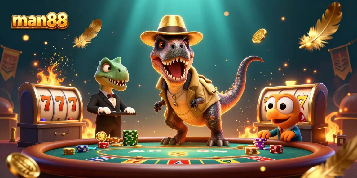 Experience the thrill of man88 as the velociraptor counters cards at Blackjack surrounded by dynamic gaming elements.