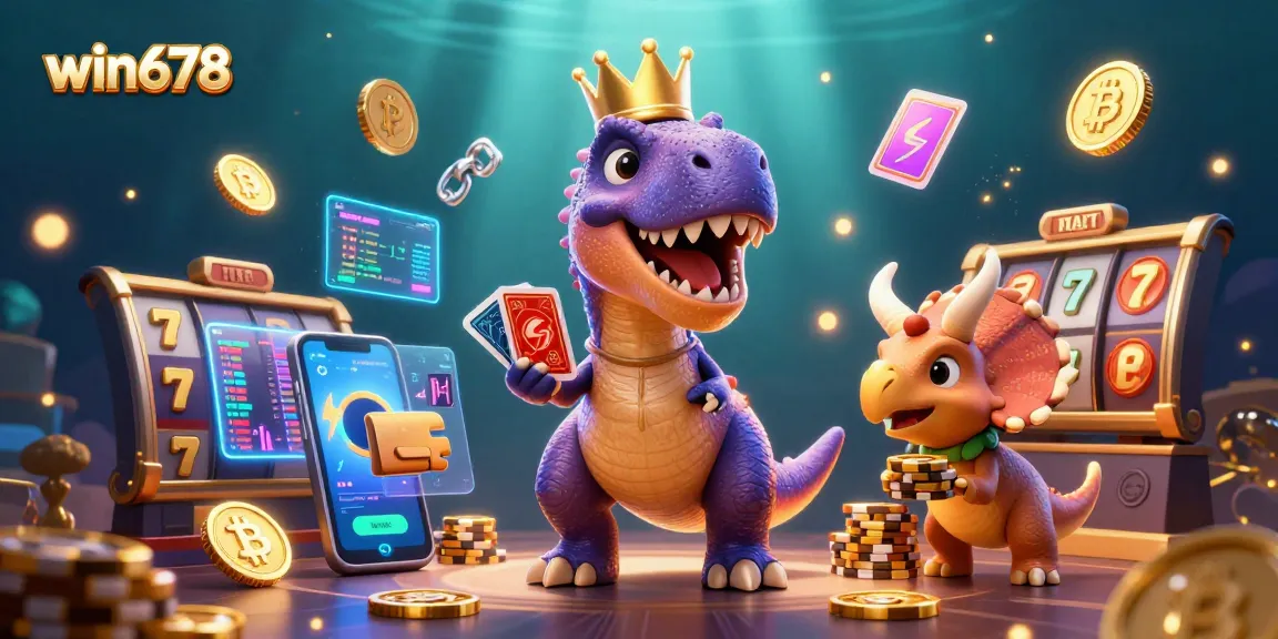 Engage with win678 as a thrilling casino adventure featuring cartoon dino characters stacking chips.