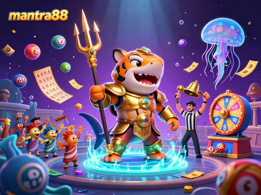 Experience the excitement of mantra88 with a ferocious tiger shark in an underwater colosseum, surrounded by lottery balls and vibrant prizes.