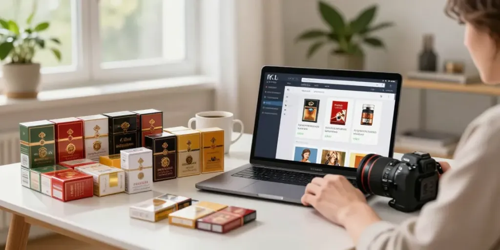 Buy cheap tobacco online Australia from a cozy home setup featuring cigarette products.