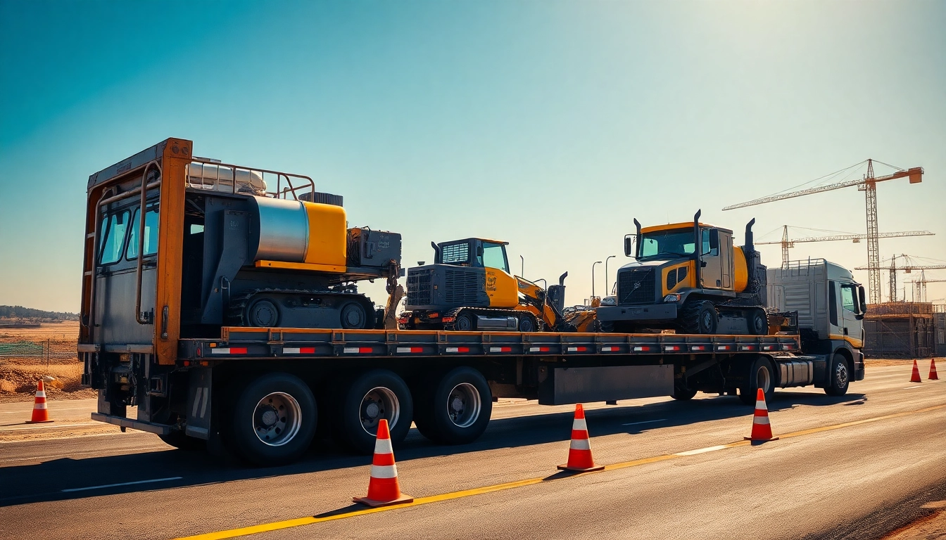 Showcasing equipment transportation with a flatbed truck carrying heavy machinery against a clear blue sky.