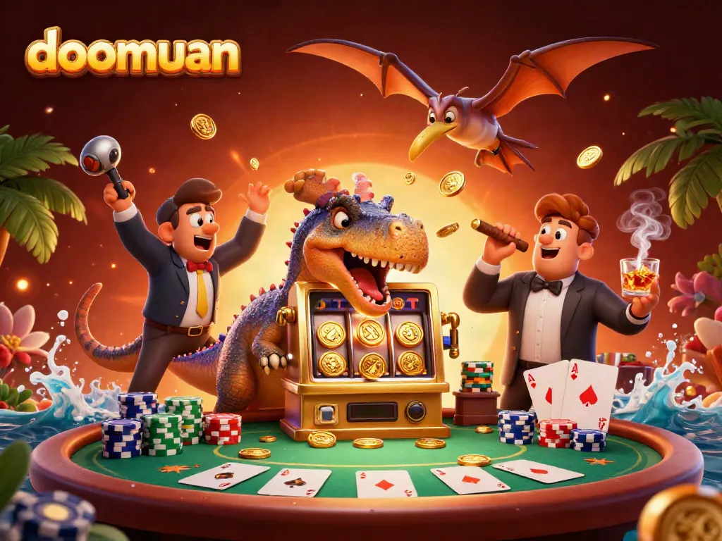 Experience the thrill of doomuan as a pachycephalosaurus triggers a jackpot on a slot machine in this vibrant casino scene.