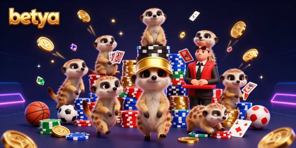 Experience thrilling sports betting action with Betya's lively casino illustration featuring meerkats.