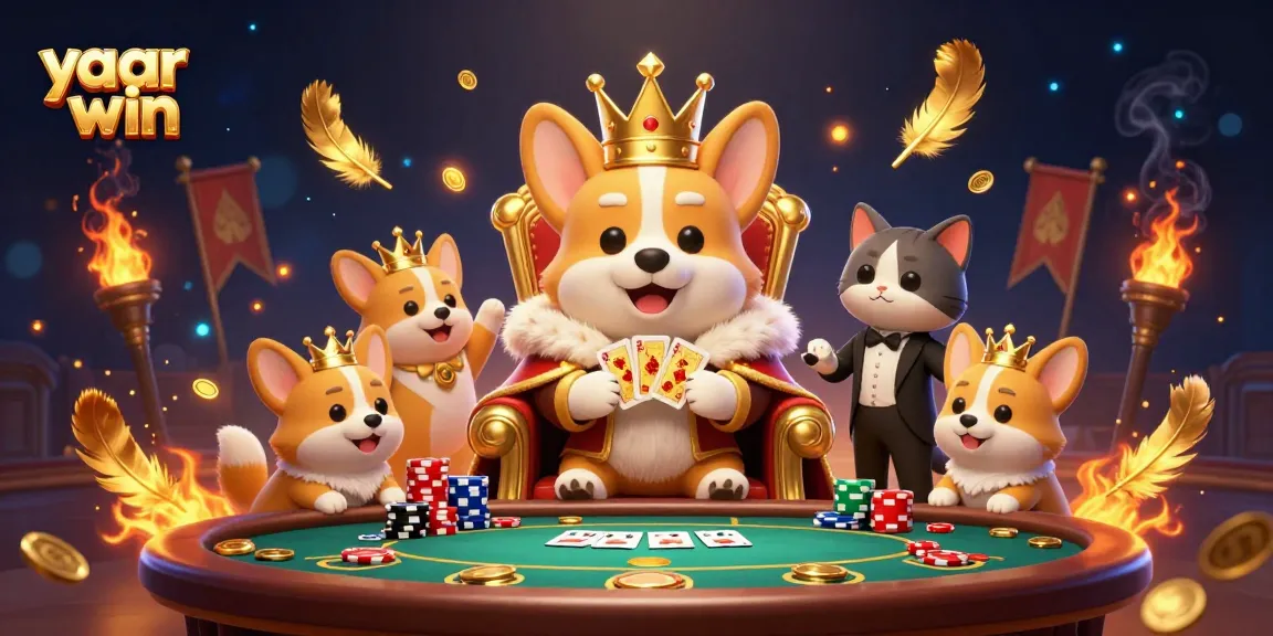 Experience the excitement of yaar win with a royal corgi and poker chips in a dynamic casino scene.