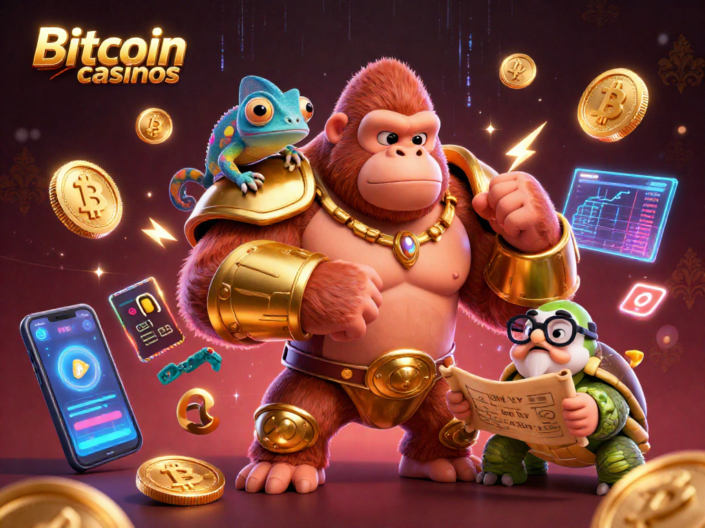 Action dans les casinos Bitcoin par un puissant gorille roi armé, accompagné d'un caméléon espion et d'une tortue sage.