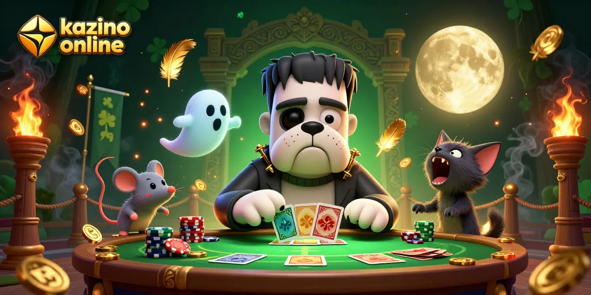 Kazino online z neverjetnimi liki, kot so Frankenstein bulldog in werewolf maček, ki igrata karte pri zeleni svetlobi.