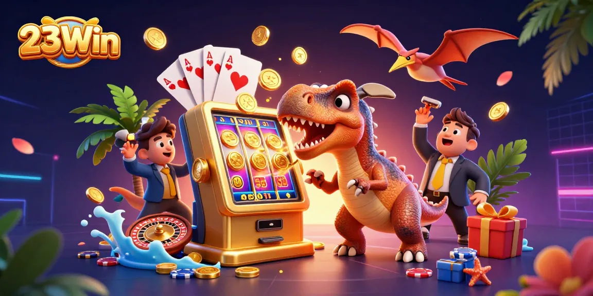 Catch golden coins with 23Win while a dinosaur headbutts a slot machine, showcasing thrilling gameplay.