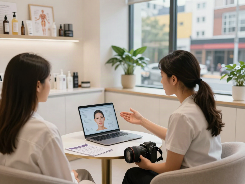 In a modern aesthetic clinic, a consultant explains why ClinicEvo is a better alternative to QOVES during a facial analysis.