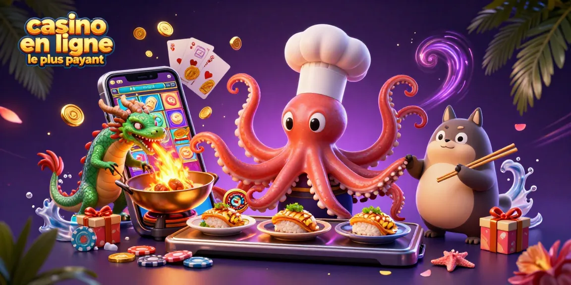 Jouer sur le casino en ligne le plus payant avec un chef sushi octopus et un dragon dans un décor vibrant