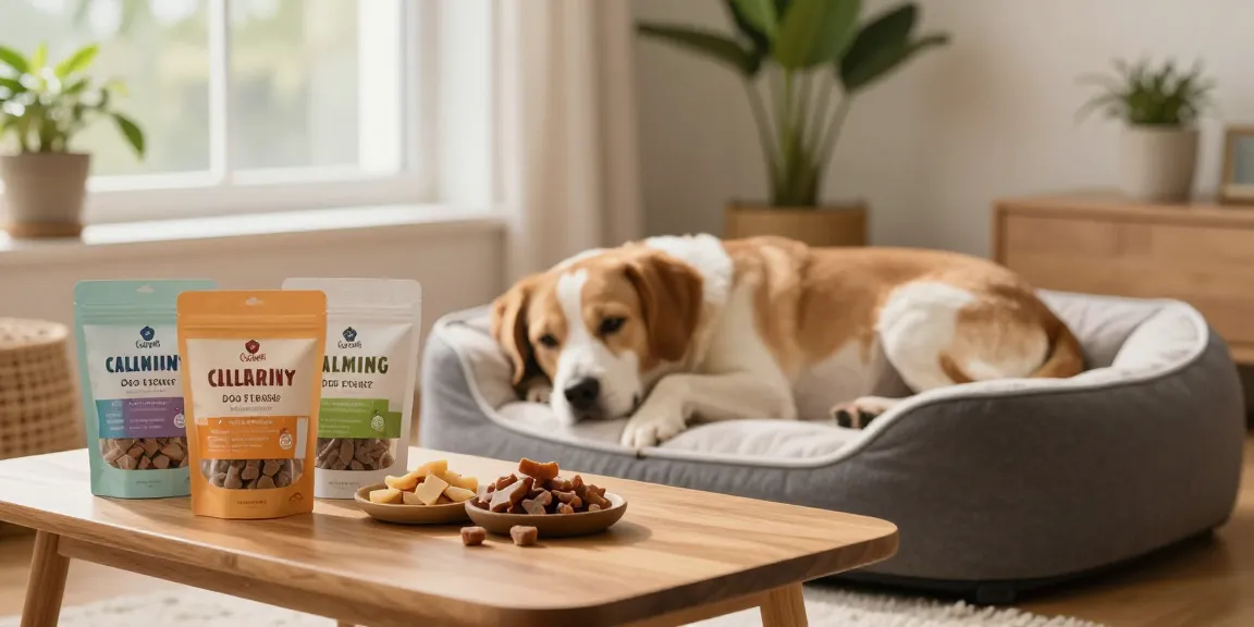 Calming Dog Treats on a table beside a relaxed dog in a cozy setting.