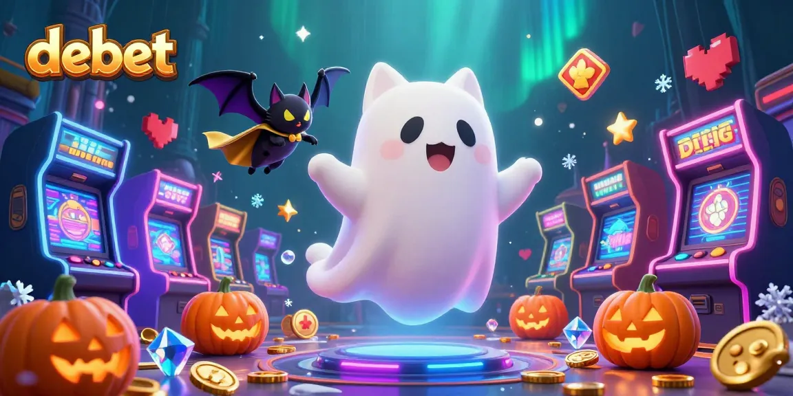 Engage with debet gaming adventures in a haunted casino with vibrant characters and glowing elements.