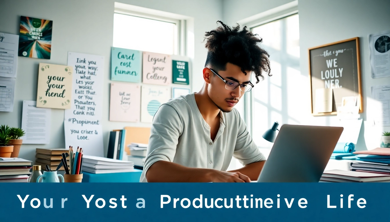 Your Most Productive Life illustrated in a vibrant workspace with essential productivity tools.