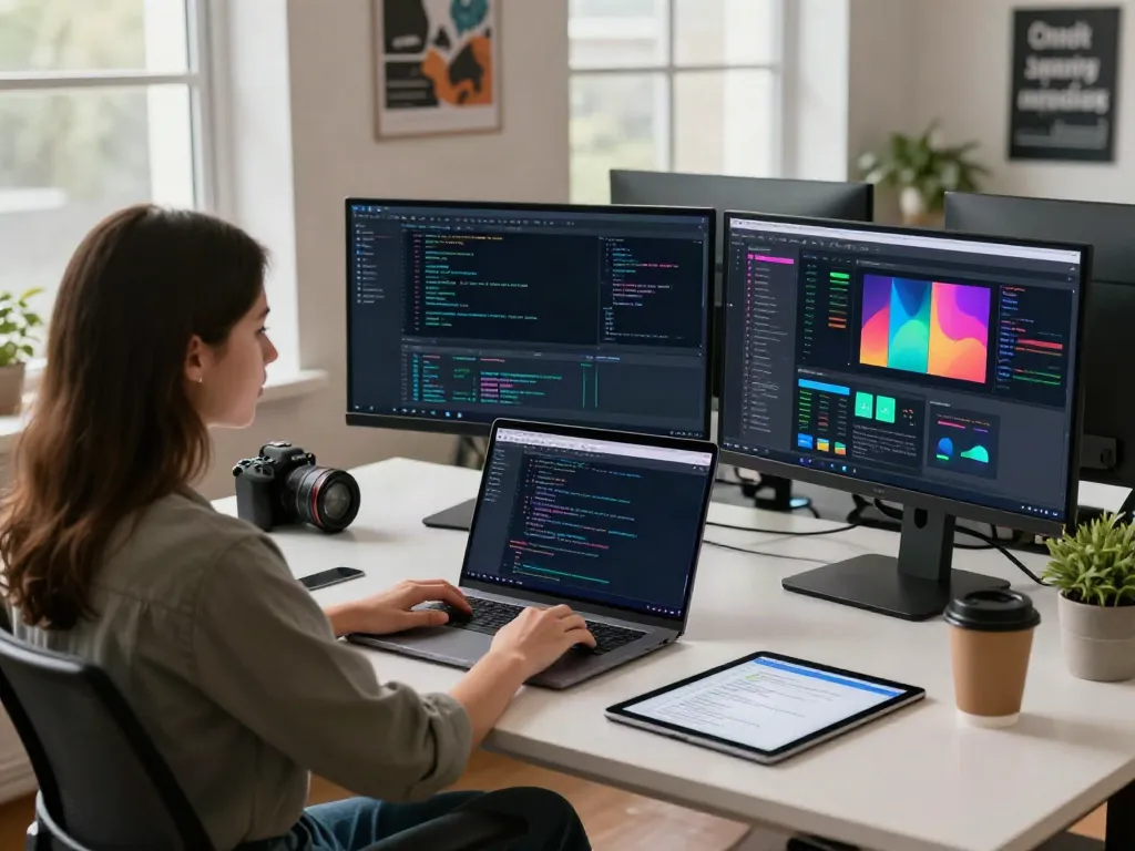 Programming scene at a high-tech workspace highlighting v2rayN官网 development with multiple monitors.