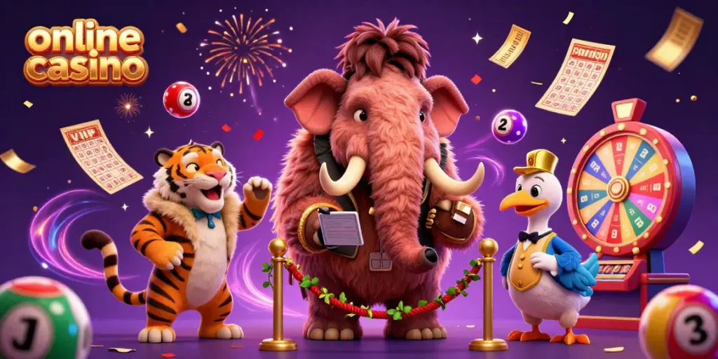 Experience an exciting online casino scene with a woolly mammoth bouncer and vibrant game elements.