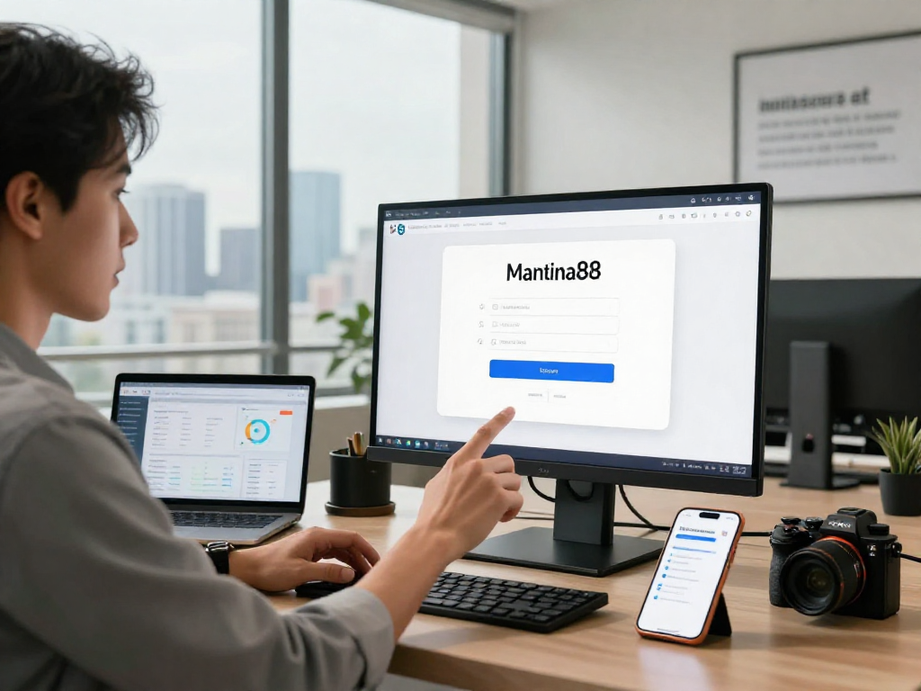 Accessing mantra88 login on a modern touchscreen in a dynamic banking office.