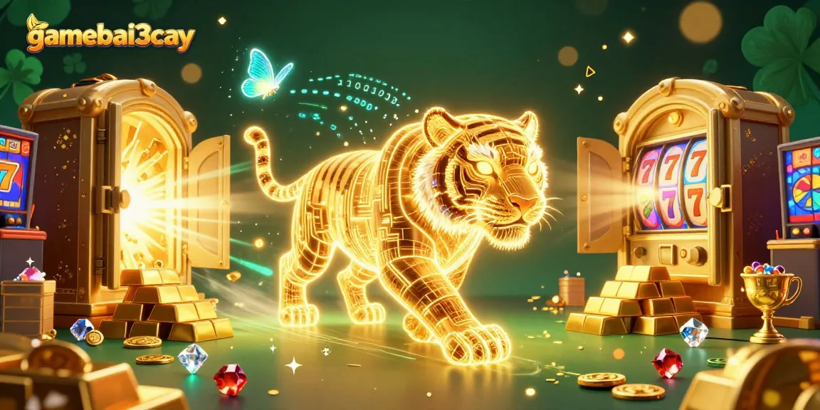 Experience thrilling gaming action at gamebai3cay with a vibrant 3D casino scene filled with treasures.