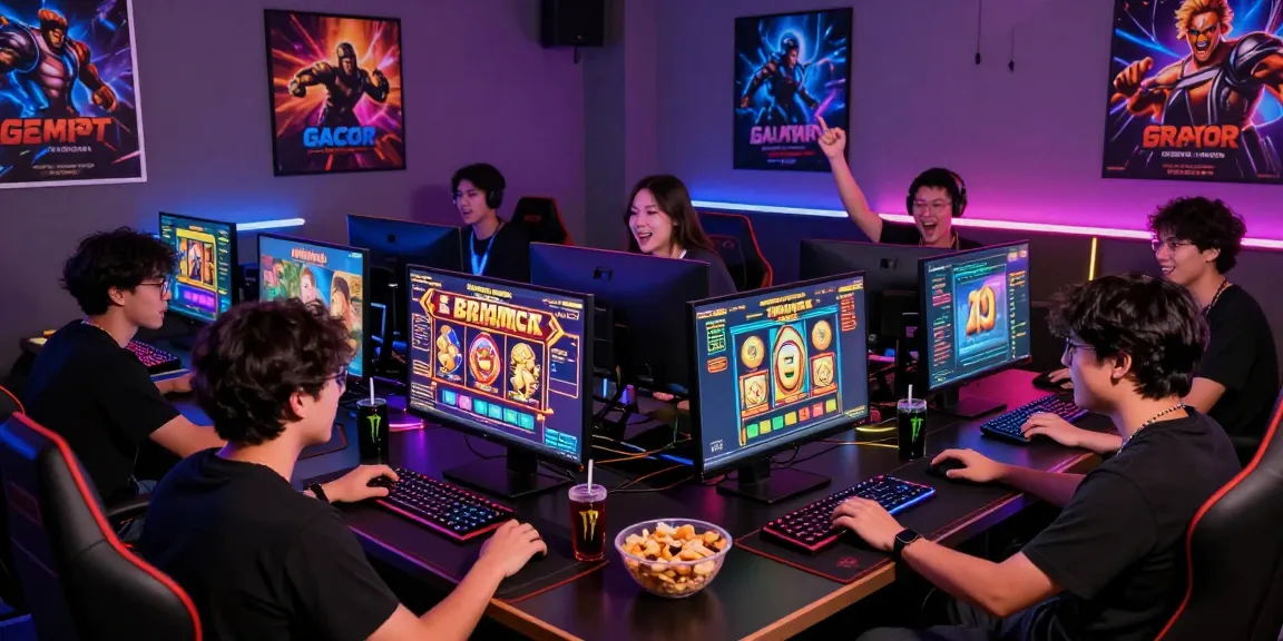Friends enjoying slot gacor games in a lively gaming setup with snacks and colorful lights.