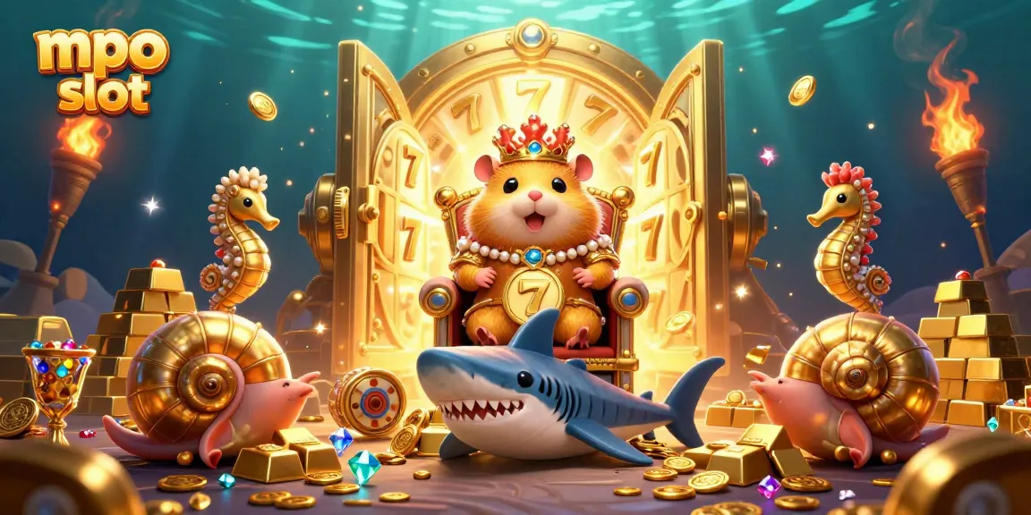 Spin the mpo slot reels with golden hamster king and treasures, creating a vibrant casino vibe.