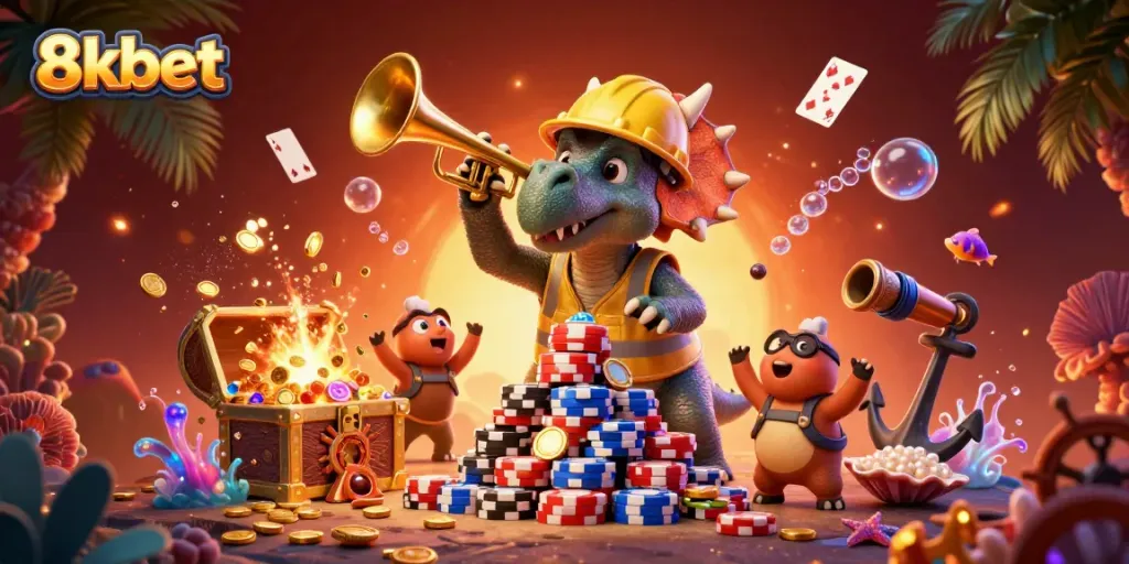 8xbet gaming scene depicting a fun triceratops and parasaurolophus celebrating with poker chips and treasure