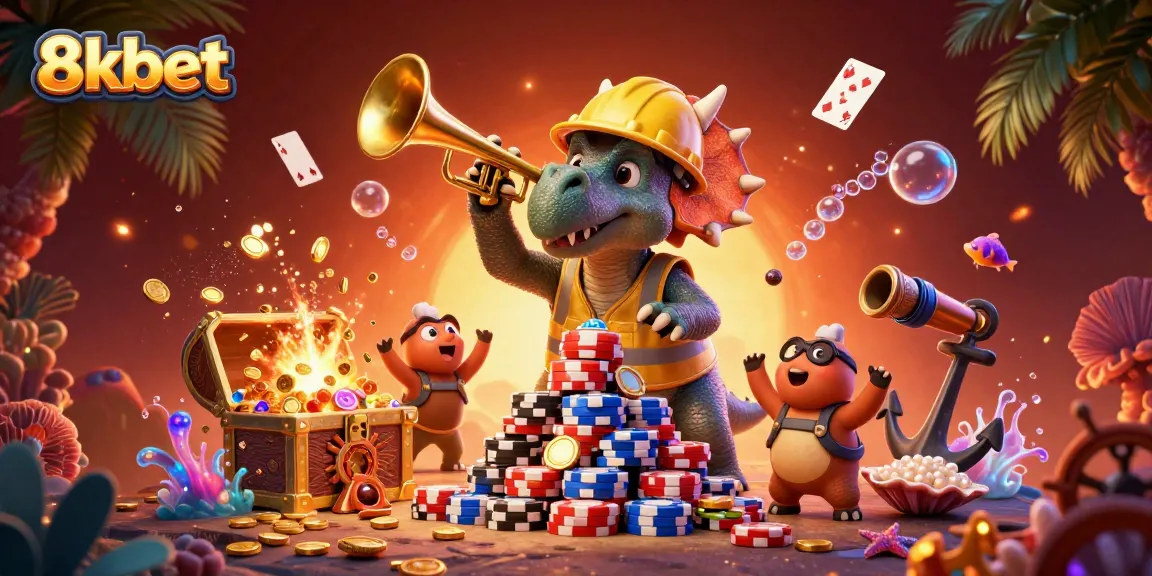 8xbet gaming scene depicting a fun triceratops and parasaurolophus celebrating with poker chips and treasure