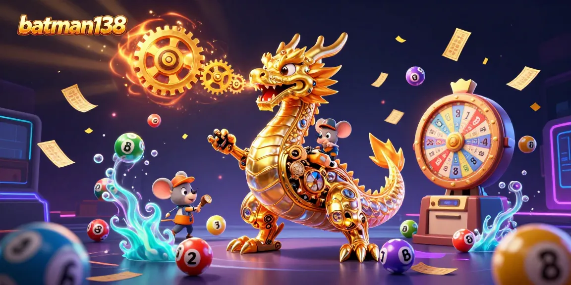 Experience excitement with batman138, featuring a dynamic scene of a golden dragon amidst lively lottery elements.