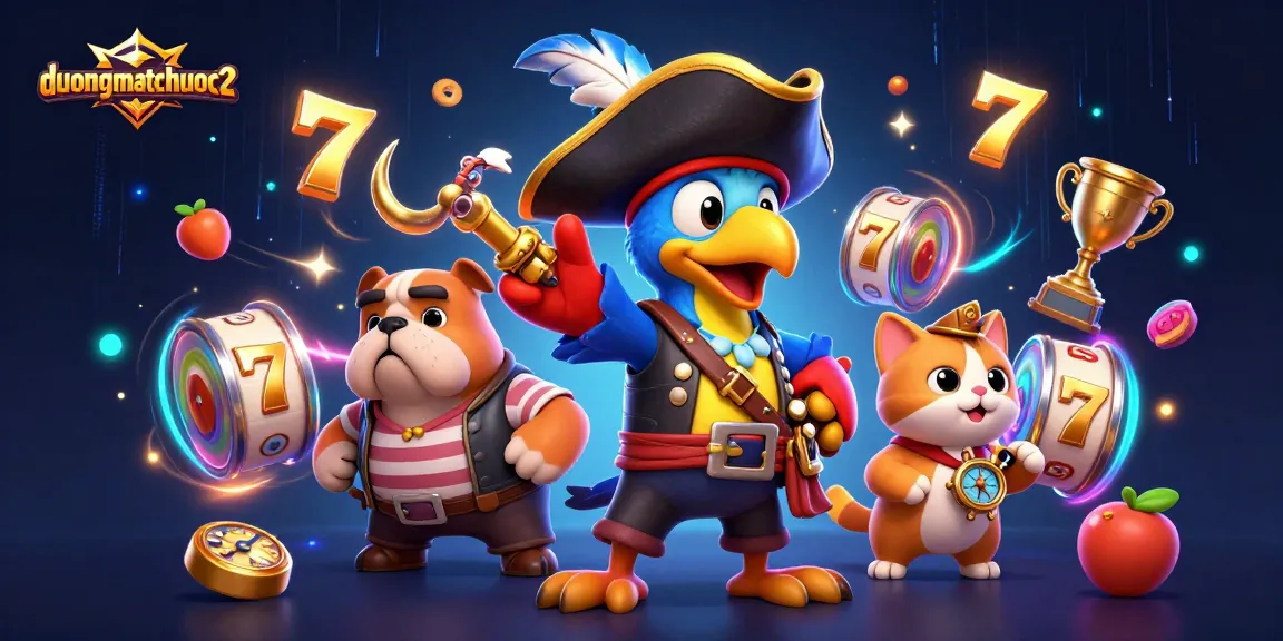Engage in thrilling gameplay with duongmatchuoc2 as pirate characters navigate vibrant slots reels and symbols.