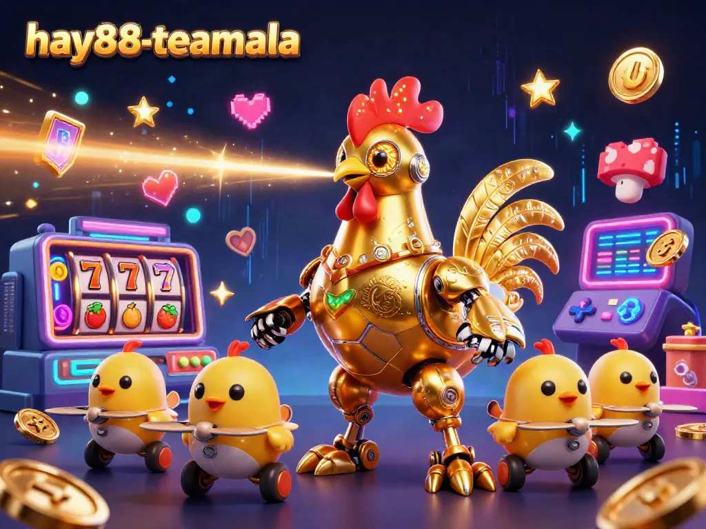 Exciting gaming scene showcasing hay88-teamala's golden rooster robot surrounded by casino elements.