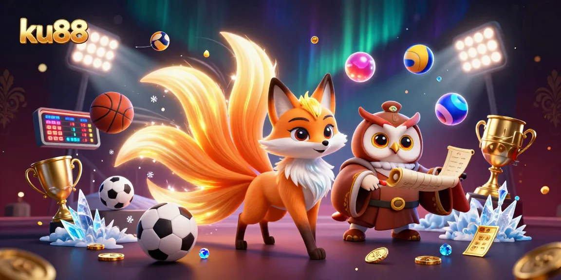 ku88 combines a vibrant fox spirit and wise owl in a colorful casino scene filled with game elements.