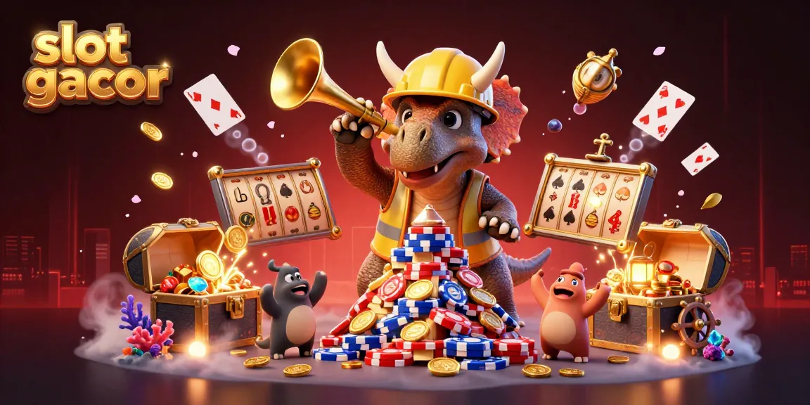 Experience exciting gameplay with slot gacor action featuring a triceratops and parasaurolophus celebrating amidst vibrant casino elements.