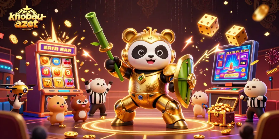Engage in action with khobau-aztec as a 3D panda character pilots a golden robot in a dynamic casino scene.